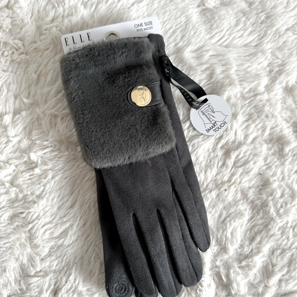 Elle faux suede and fur grey screen touch gloves
